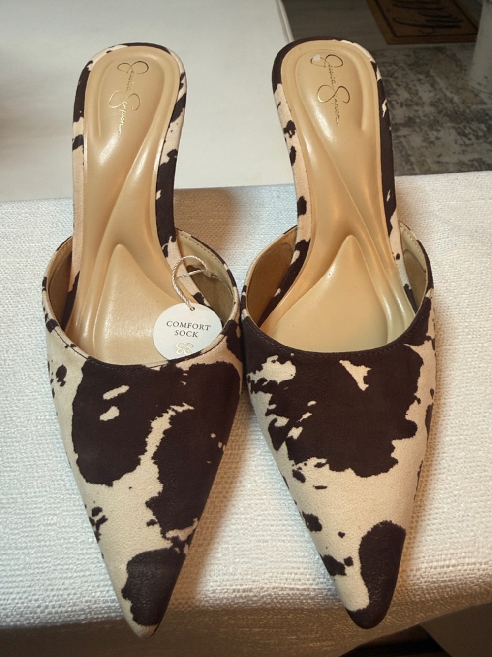 Jessica Simpson Brown & Cream Cow Print Pointed Mules